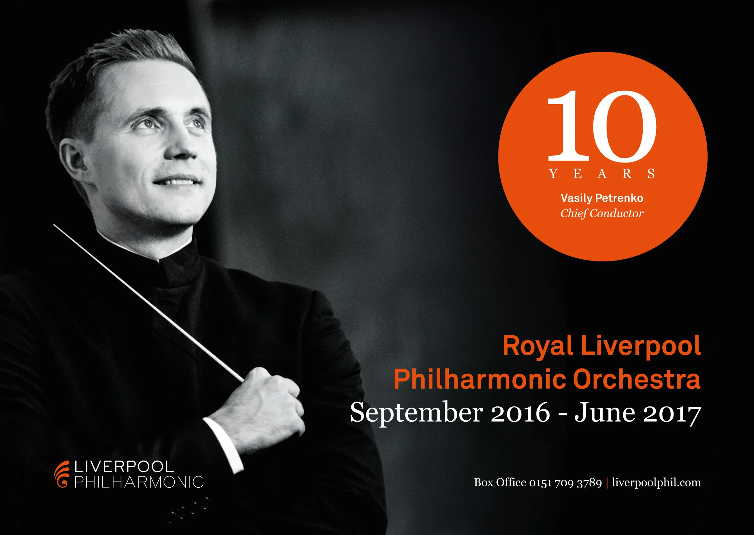 Black and white photo of Vasily Petrenko, the chief conductor of the Royal Liverpool Philharmonic Orchestra, with event details celebrating 10 years from September 2016 to June 2017.