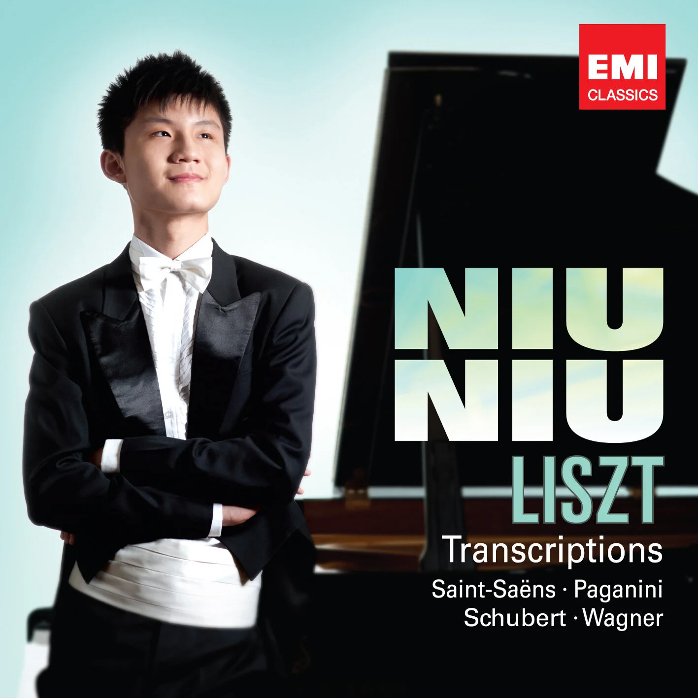 A young man in a tuxedo standing with arms crossed next to a grand piano, on the cover of a classical music album titled "Niu Niu Liszt Transcriptions" by Saint-Saëns, Paganini, Schubert, and Wagner, with an EMI Classics logo in the top right corner.
