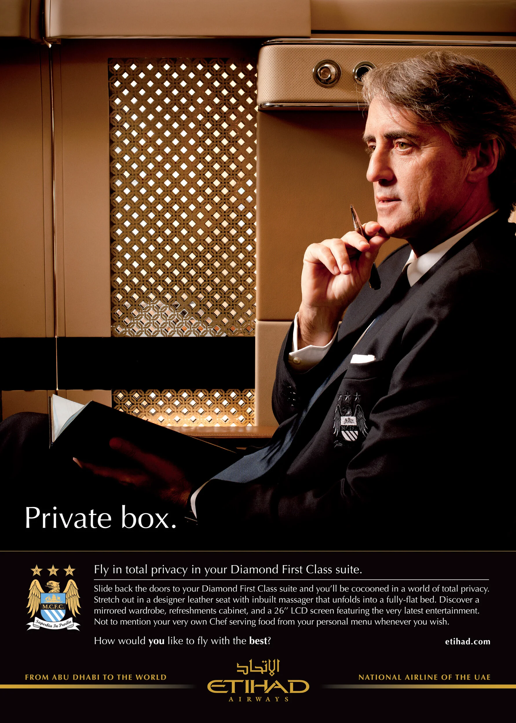 A man in a black suit sitting in a private jet, holding a book and a pen, with the text "Private box." and details about flying privately with Etihad Airways.