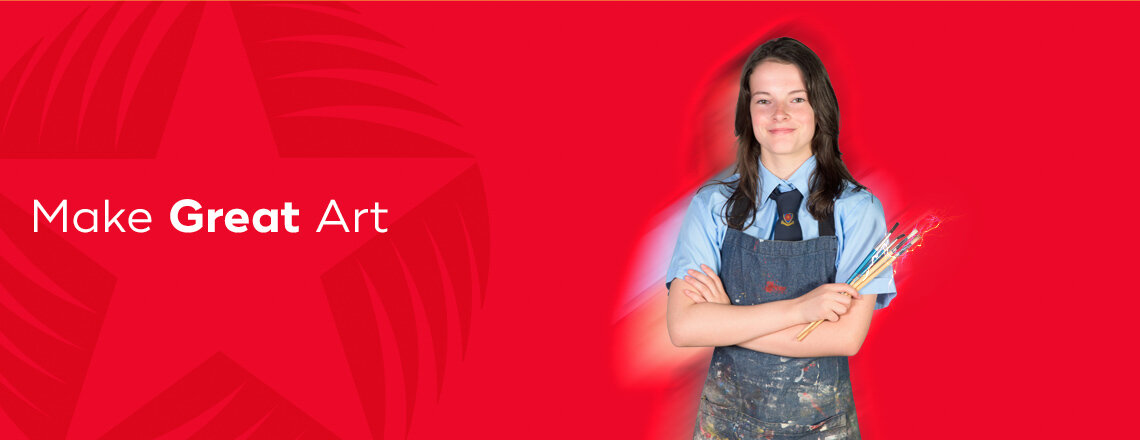 Young girl in art class apron holding paintbrushes against red background with star graphic and the words 'Make Great Art'.