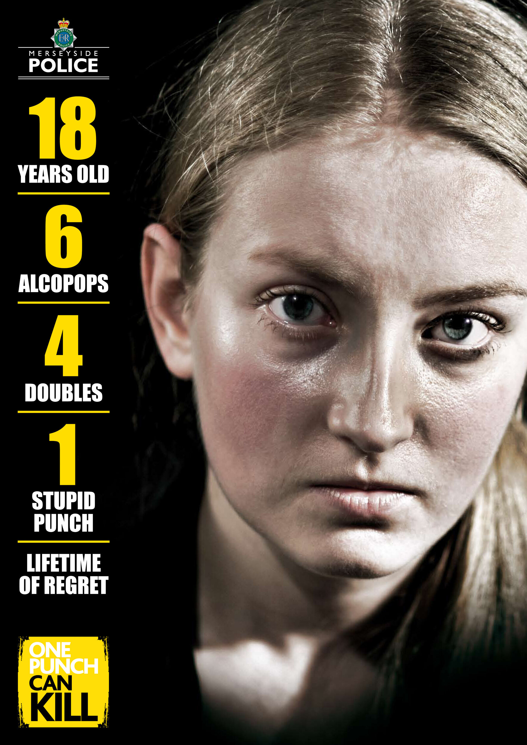 A poster with a close-up of a young woman's face showing signs of physical abuse and bruising. The poster features the Merseyside Police logo and lists statistics about her injuries, including age, number of acopops, doubles, a punch, and a message w