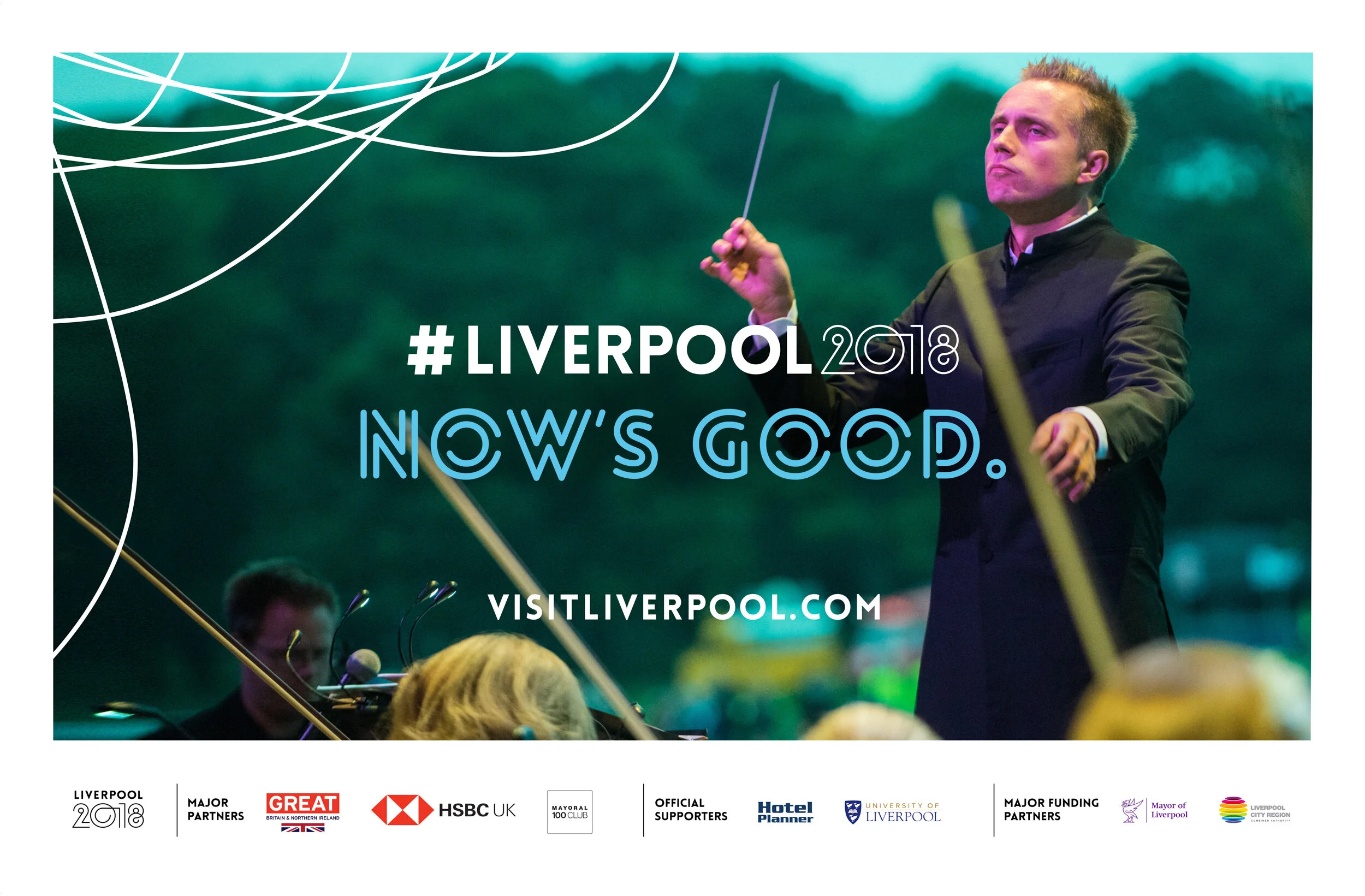 A man conducts an orchestra outdoors at sunset during a Liverpool 2018 event, with greenery in the background. Promotional text overlays the image, including hashtags, website, and sponsor logos.