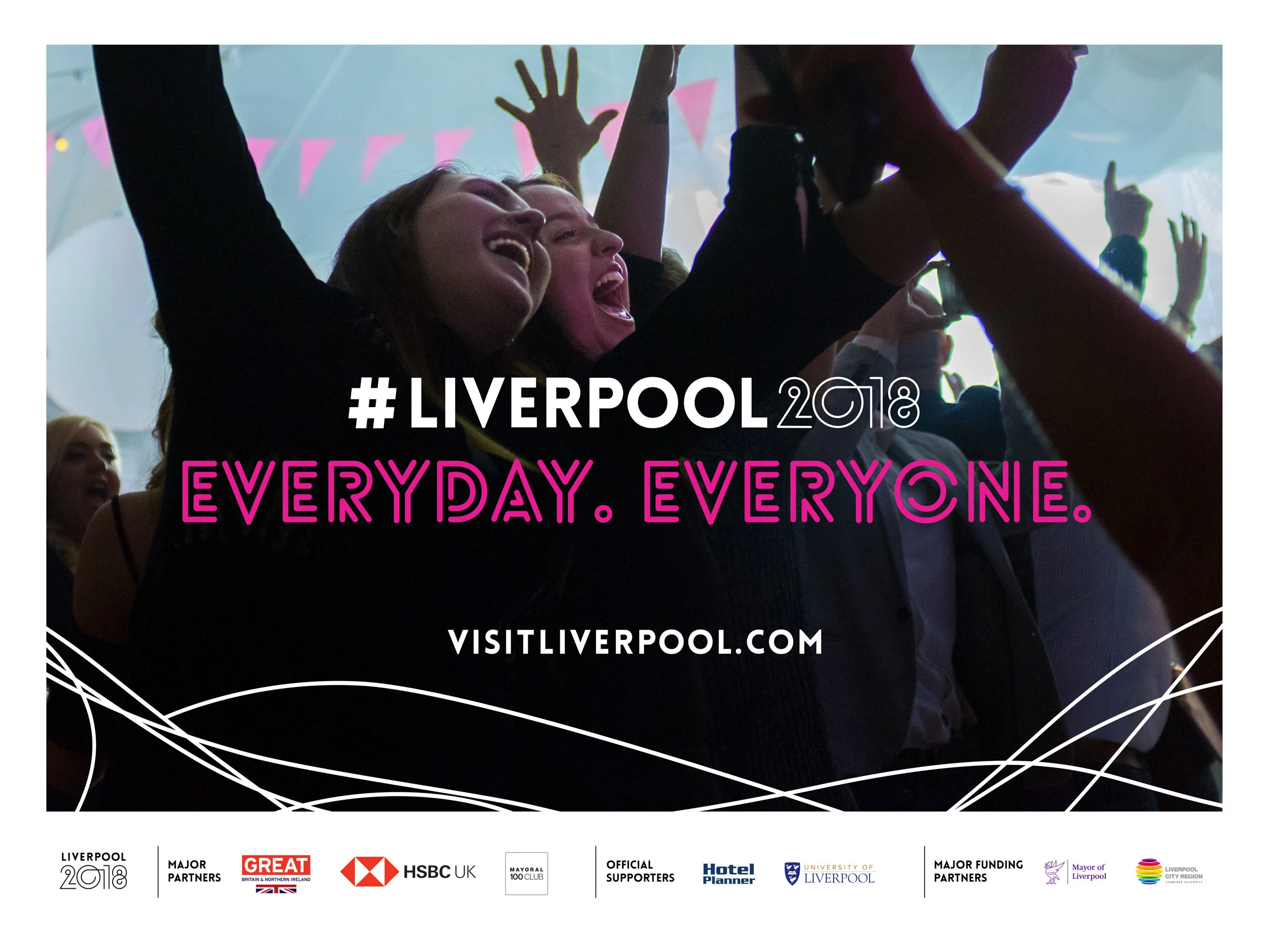 People at a lively event, cheering and celebrating, with some raising their hands. Text overlays promote Liverpool 2018, an event emphasizing community and everyday life, with website link and sponsor logos at the bottom.