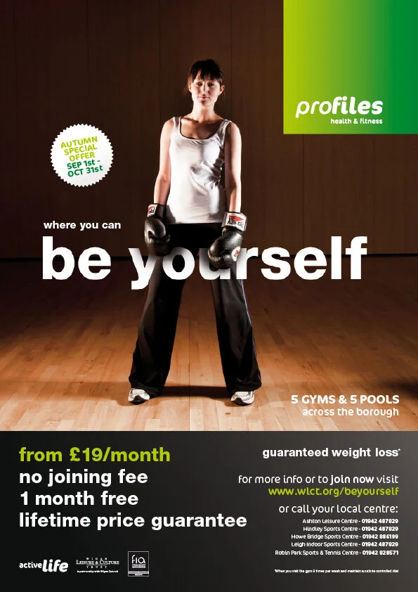 A woman in boxing gloves standing in a gym, promoting Profiles health and fitness center with details about membership offers.