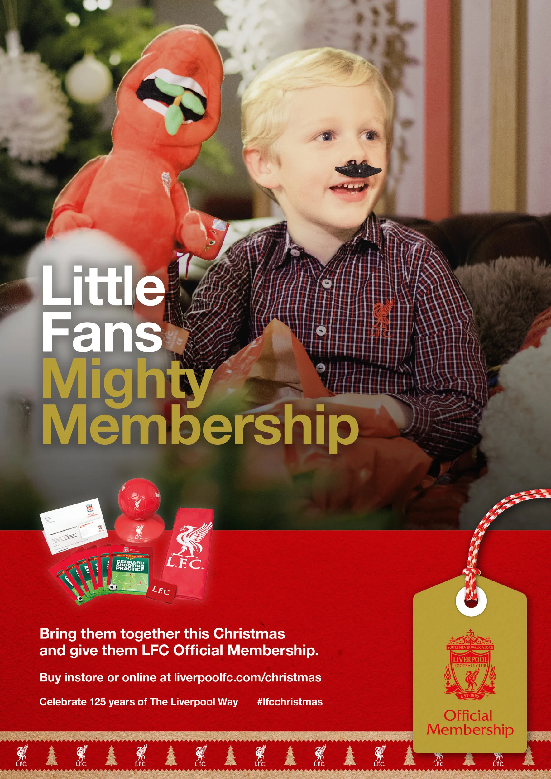 Promotional poster featuring a young boy with a fake mustache and a sock puppet, celebrating Christmas with Liverpool Football Club merchandise and promoting LFC official membership for Christmas gift-giving.