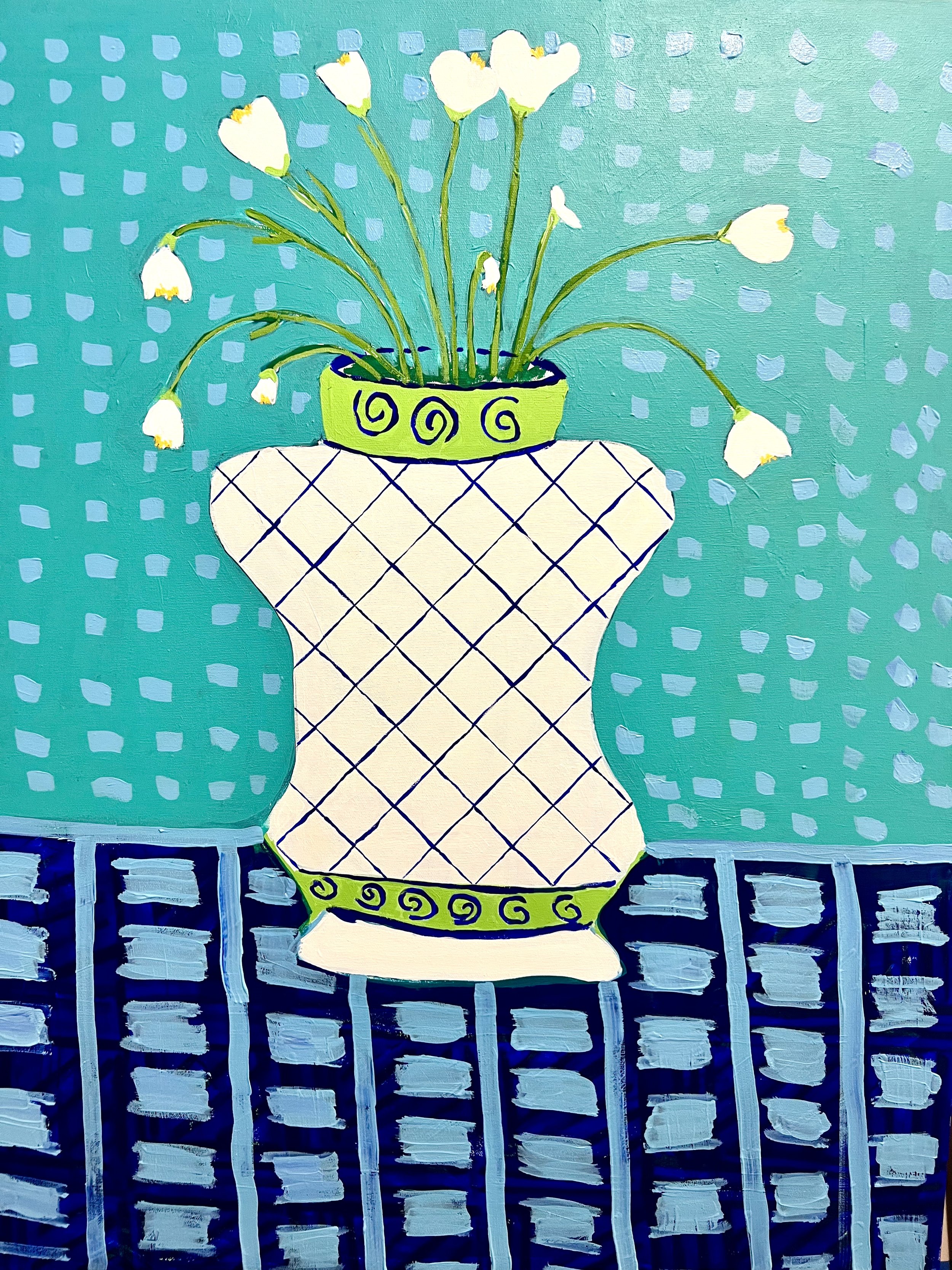 White flowers in a wonky vase