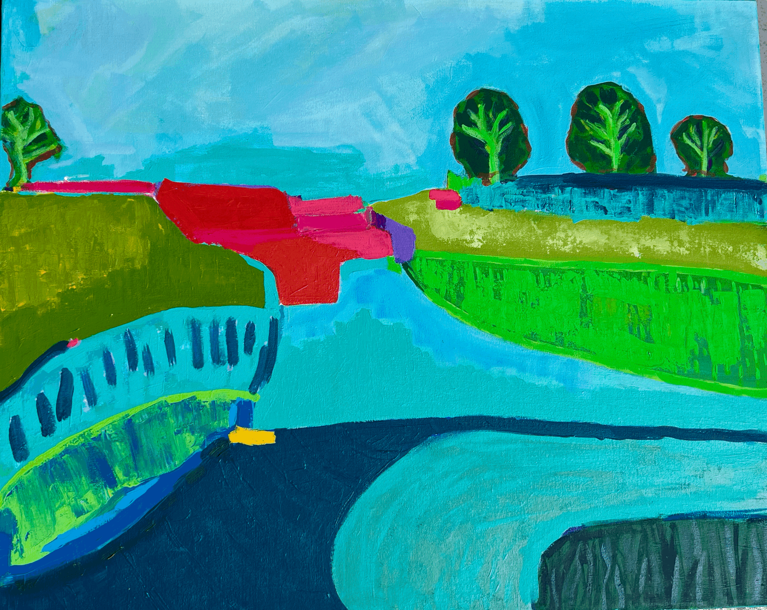 Bright landscape with three trees