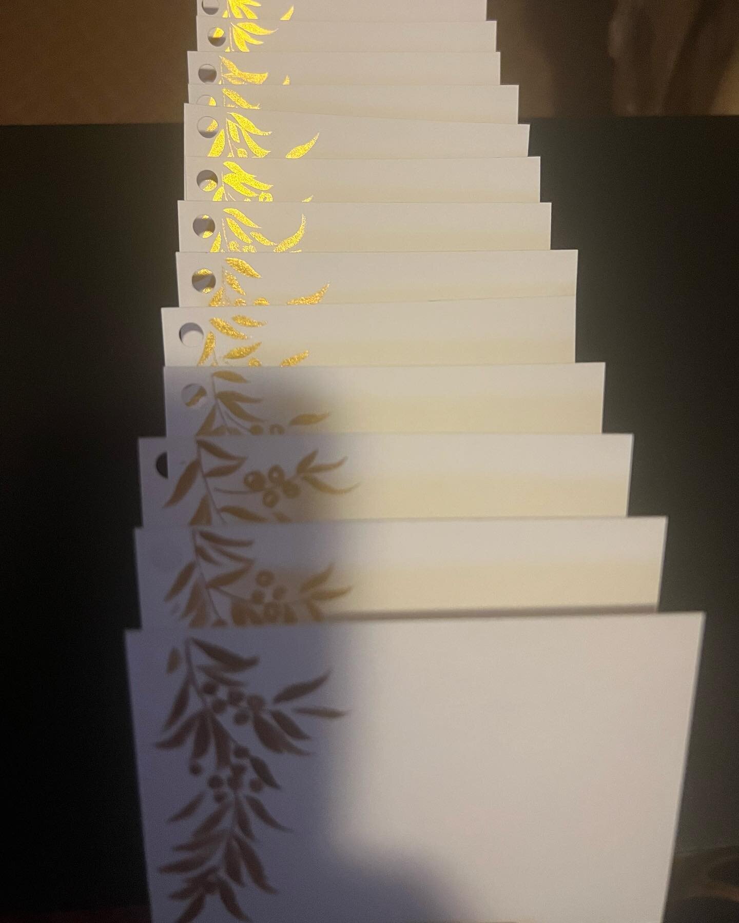 First batch of watercolor gift tags ready for names and ribbon at my upcoming on-site job on Saturday. 
Nib: round brush
Ink: Arabic gold 
Paper: custom cut Strathmore cardstock 
 #calligraphypen #calligraphylover #calligraphy #moderncalligraphy #cal