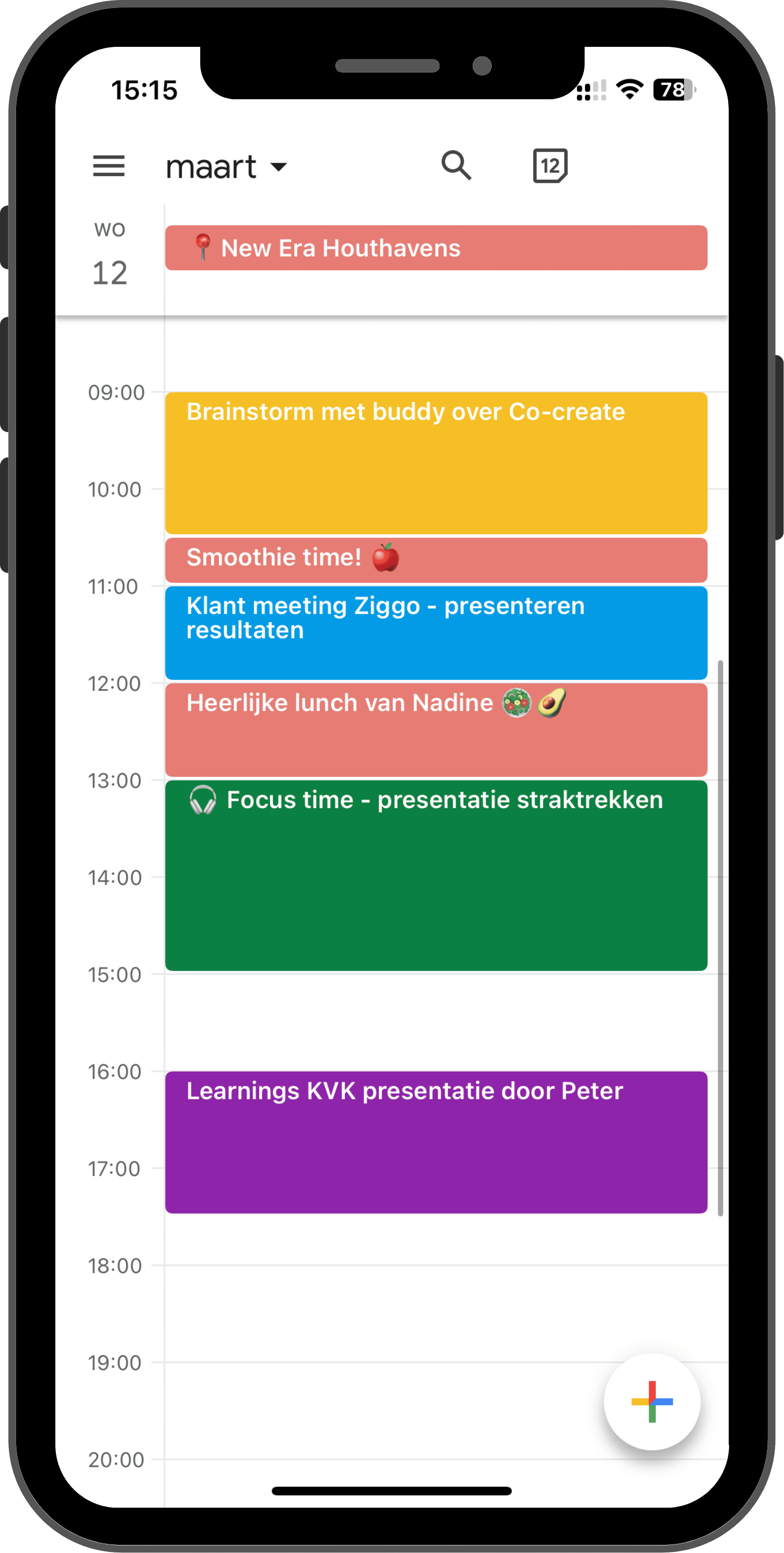 Een mobiele agenda met geplande activiteiten voor 12 maart. De planning bevat onder andere brainstormen met een buddy, smoothie tijd, klant vergadering, heerlijke lunch, focus tijd, en een presentatie.