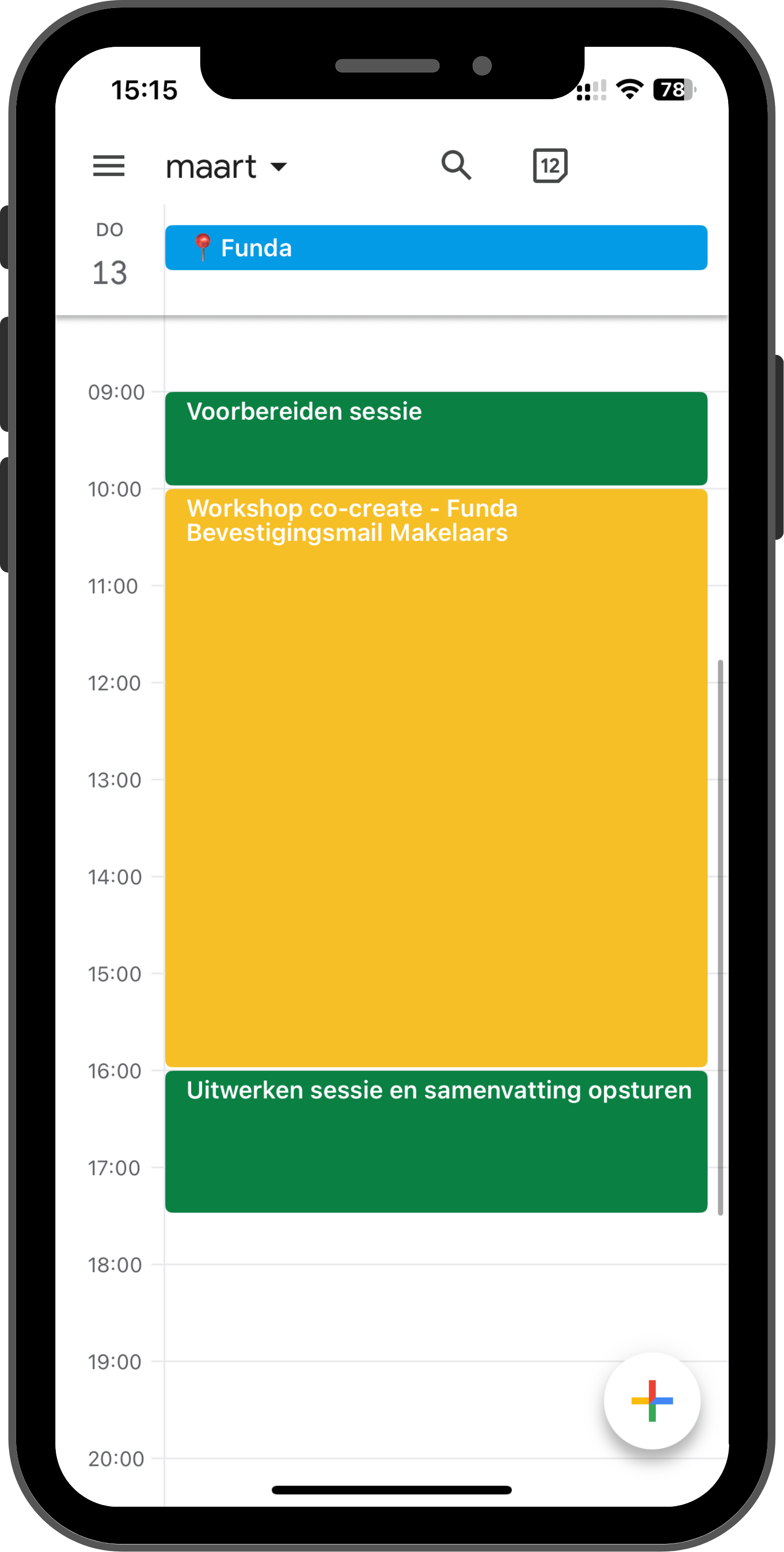 Digitale agenda met afspraken in maart, onder andere een locatie genaamd Funda, een voorbereiding voor een sessie, een workshop voor makelaars in verband met Funda, en het uitwerken van een sessie en het sturen van een samenvatting.
