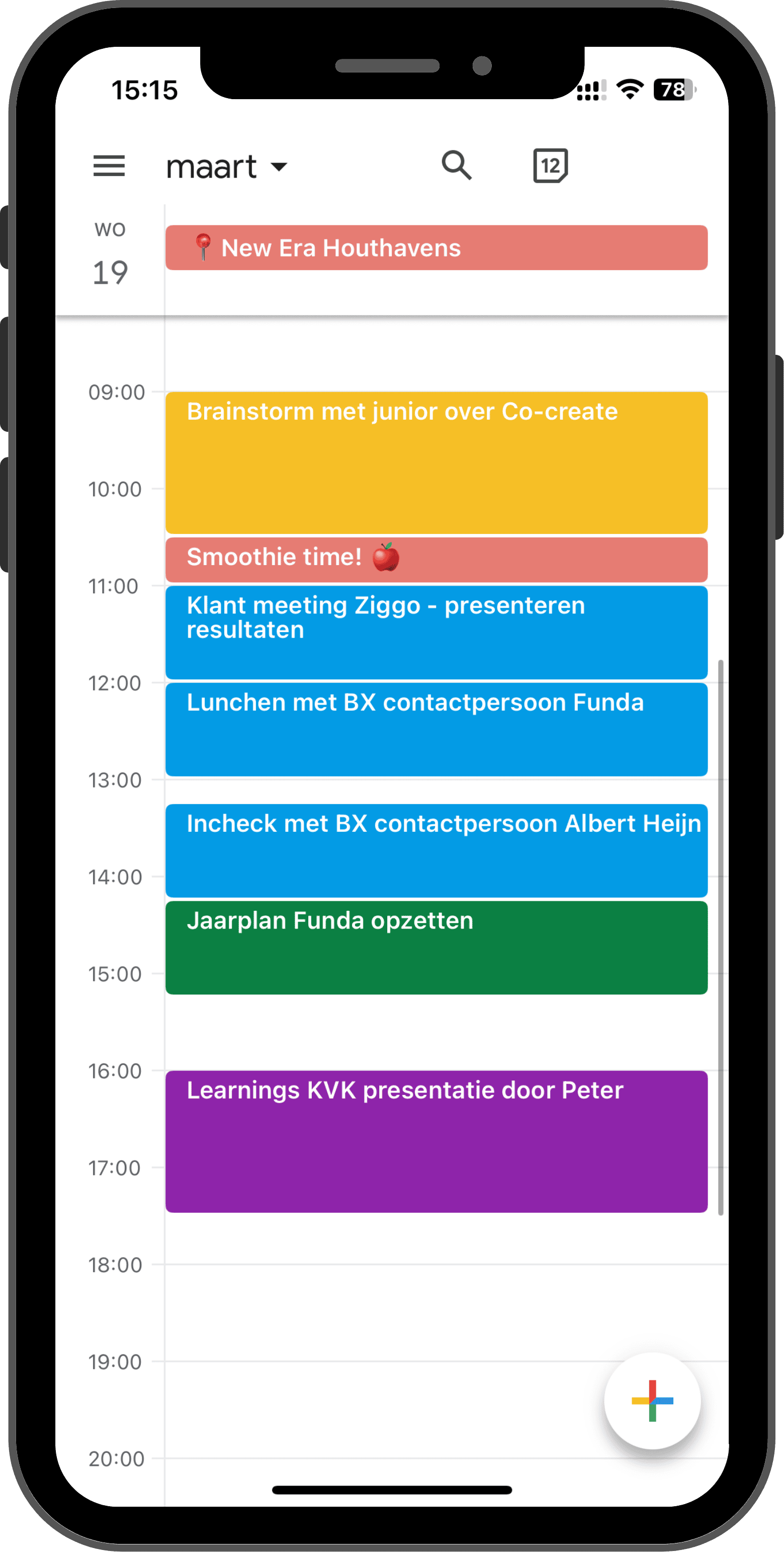 Digitale agenda op een smartphone met afspraken op 19 maart, waaronder een teamvergadering, smoothie tijd, klantmeeting, lunch, inchecken, jaarplan opstellen, en een presentatie, allemaal in verschillende gekleurde blokken.
