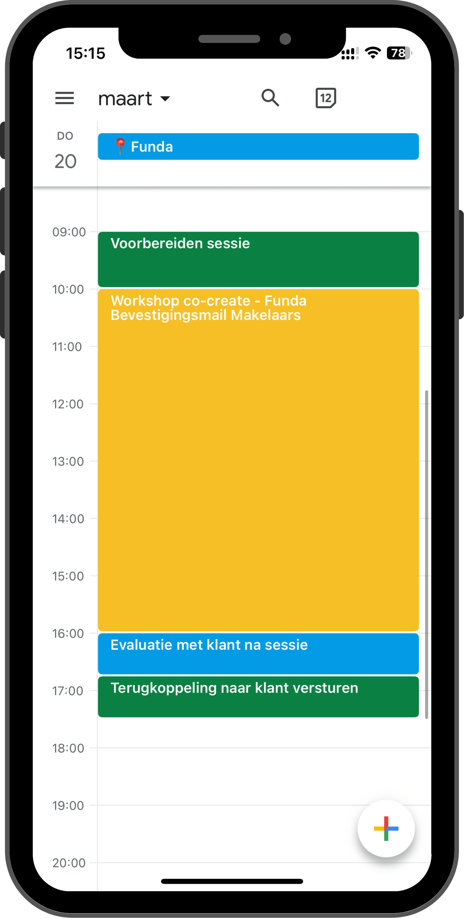 Digitale agenda voor maart met afspraken, onder andere 'Funda' als startpunt, een voorbereiding sessie, een workshop co-creatie met makelaars, evaluatie met klant, en terugkoppeling naar klant sturen.