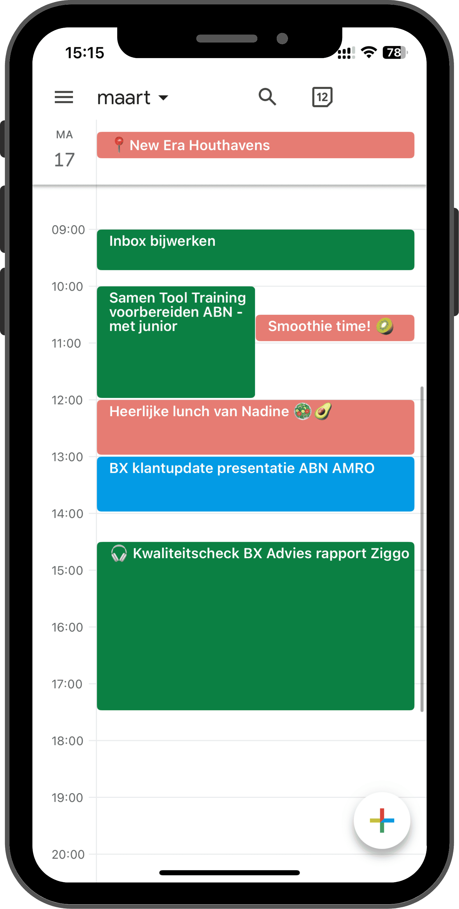 Screenshot van een digitale agenda voor maart op een smartphone met afspraken zoals 'Inbox bijwerken', 'Samen Tool Training voorbereiden ABN', en 'Kwaliteitscheck BX Advies rapport Ziggo', afgewisseld met notities zoals 'Smoothie time!' en 'Heerlijke lunch van Virgini'.
