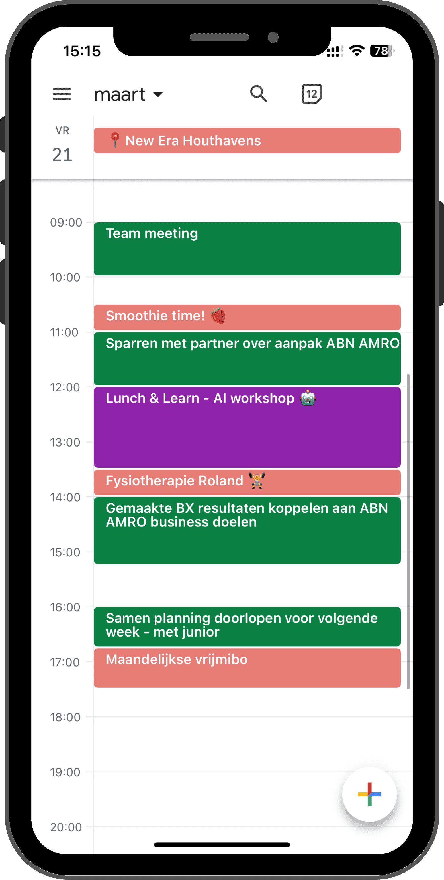 Digitale agenda met afspraken en evenementen voor maart, inclusief een teamvergadering, een AI-workshop, fysiotherapie, groepsplanning, en een maandelijkse vrijmibo, met verschillende gekleurde blokken voor elke activiteit.