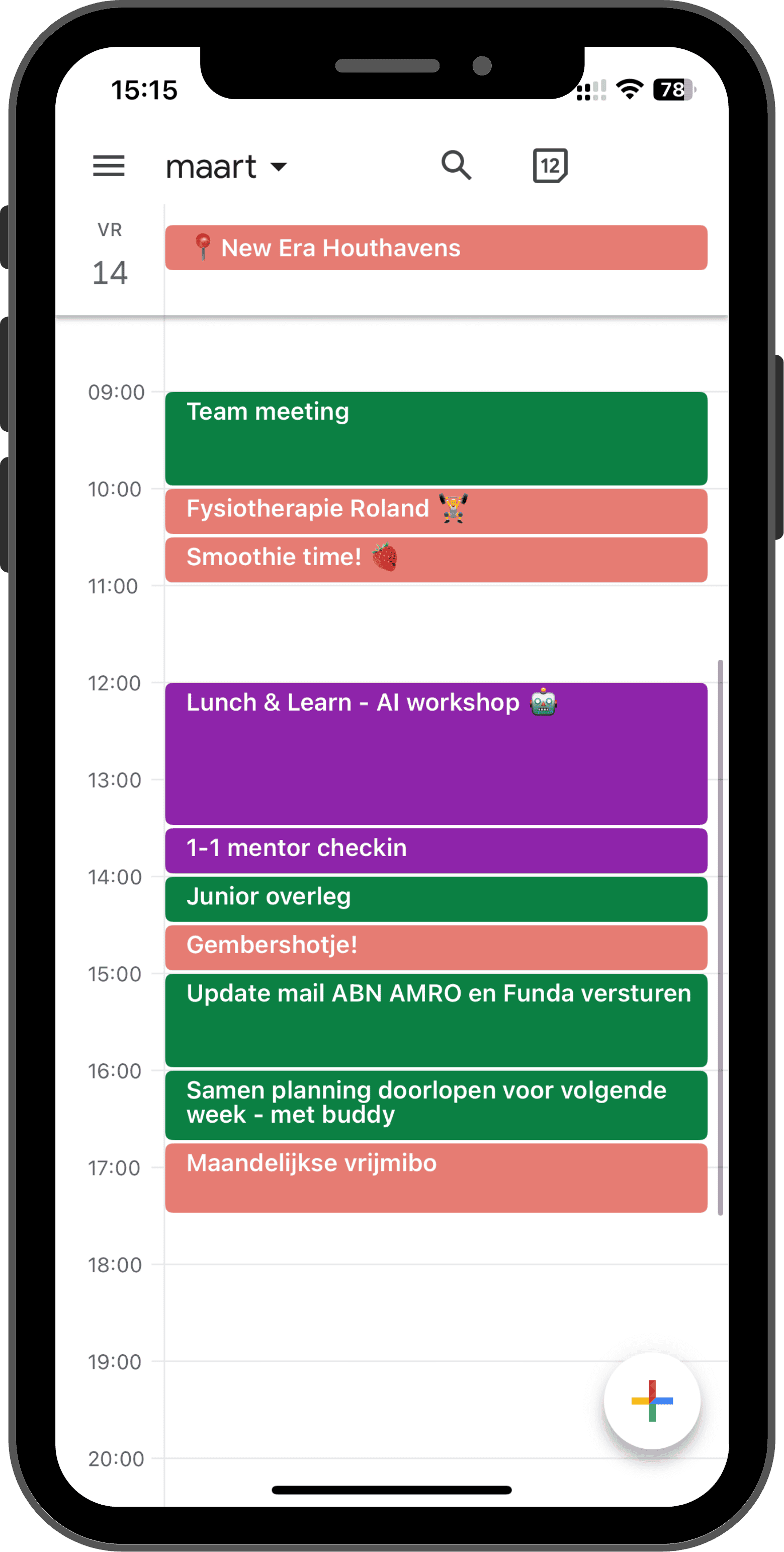 Een digitale agenda op een smartphone scherm met geplande afspraken en herinneringen voor maart, inclusief vergaderingen, workshops, en persoonlijke notities, met verschillende kleuren voor verschillende soorten gebeurtenissen.