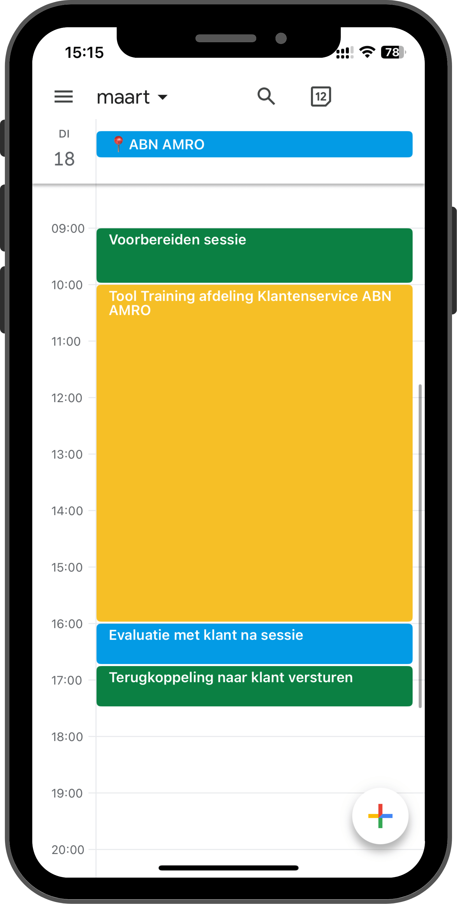 Screenshot van een digitale agenda voor maart op een smartphone met afspraken