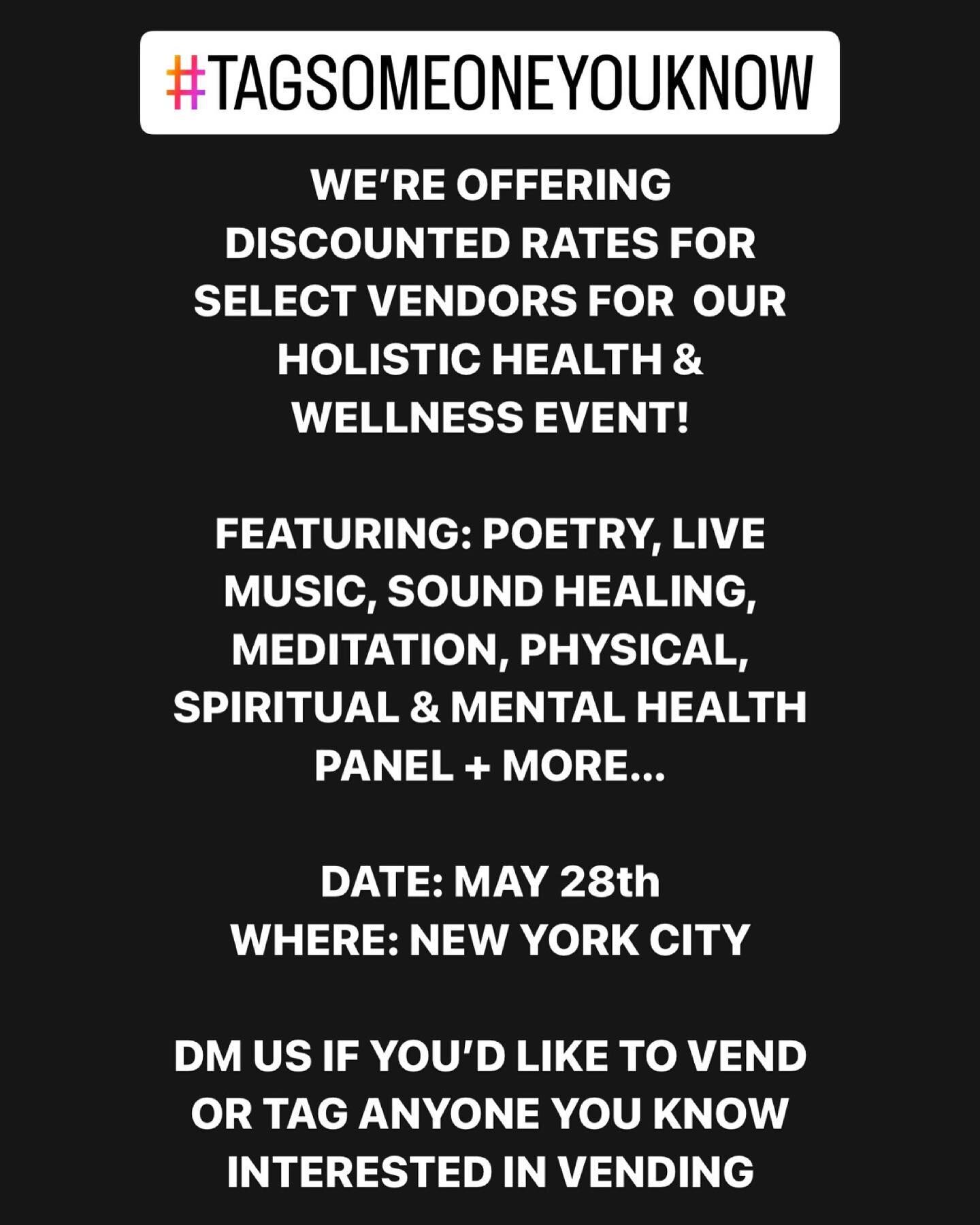 Sunday May 28th we have our holistic and wellness event and are looking for vendors in the health and wellness realm! 

Tag someone that you know or if you&rsquo;re that someone you know DM us.

#vendors #vendorswanted #nycvendors #holistichealth #ho