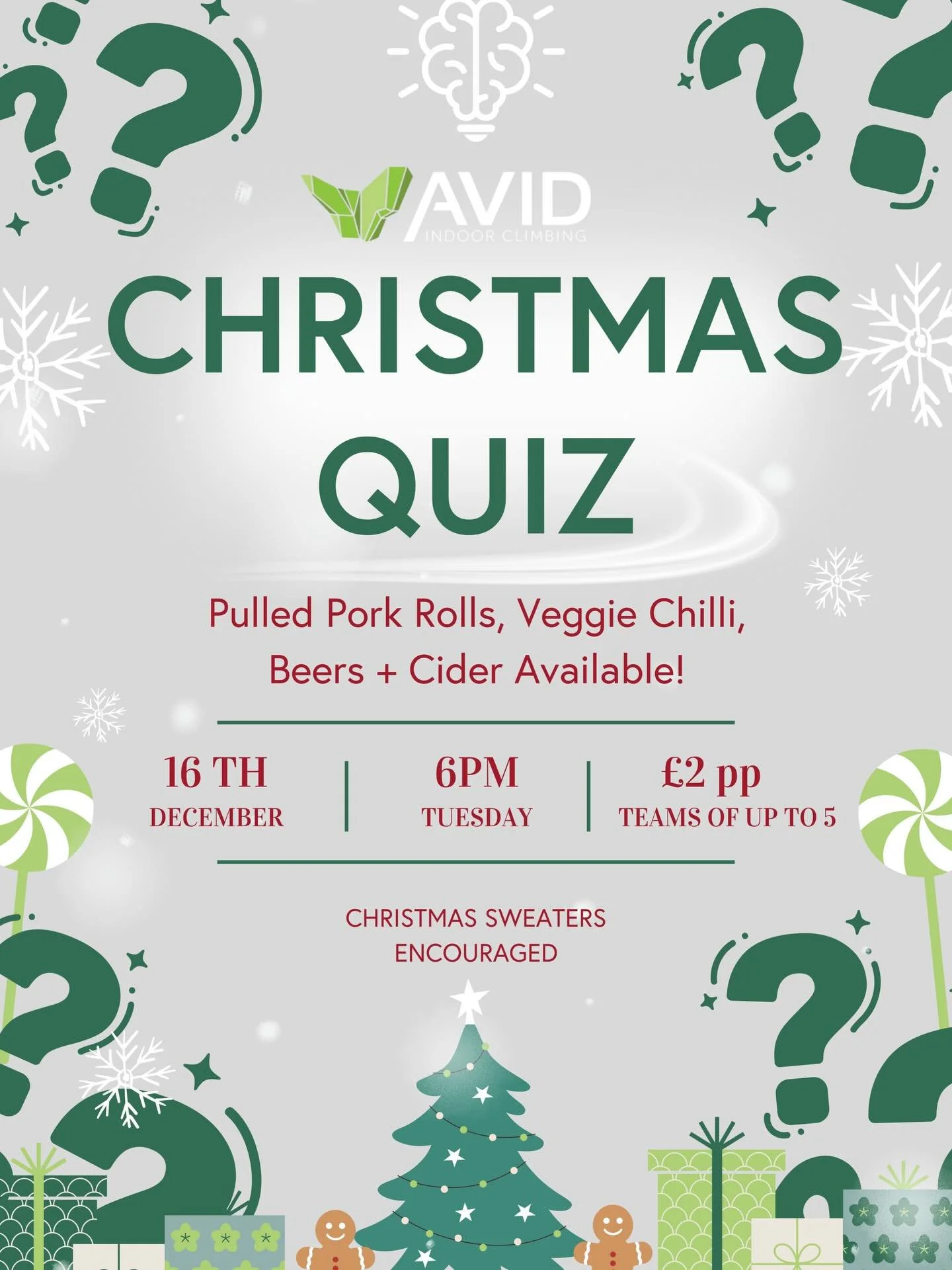 The CHRISTMAS QUIZ is back! 🎄

Lewis will be joining us again to host our annual Christmas quiz - hot food and drinks will be available to purchase along with beer and cider! 

Get those quizzing brains warmed up and your Christmas jumpers out! We&r