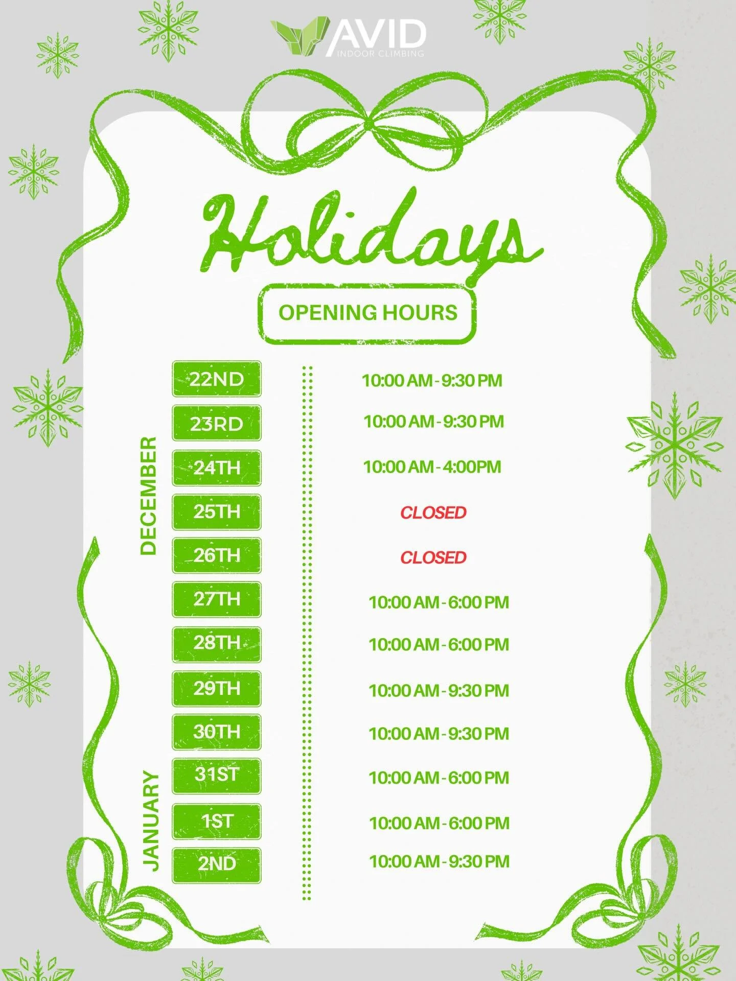 Christmas + NY Opening hours
