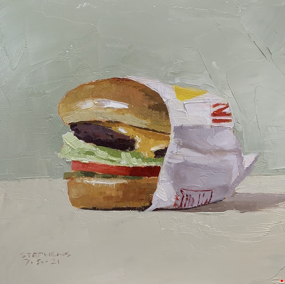 Cheeseburger on Green | Oil ‐ Hardboard | 7 x 7 in. | © Craig Stephens
