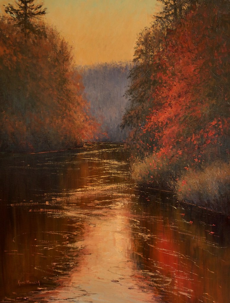 Golden Gogebic On The Brule – Where Trout Make Rings Upon The Waters | 40 x 30 in | Oil | © Kami Mendlik