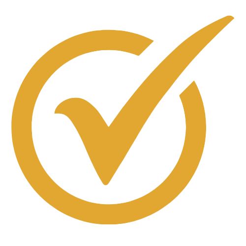 Gold checkmark inside a gold circle on a black background.