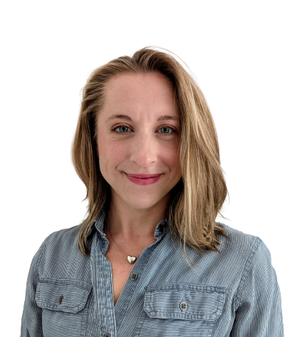 A woman with shoulder-length blonde hair, wearing a light blue button-up shirt, smiling with a white background.