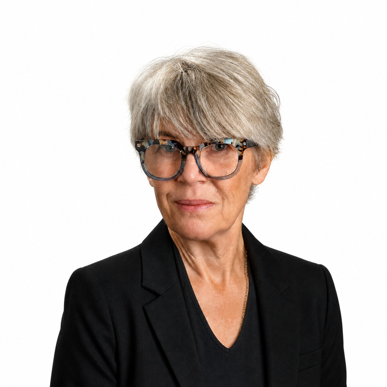 White woman with short platinum hair and glasses
