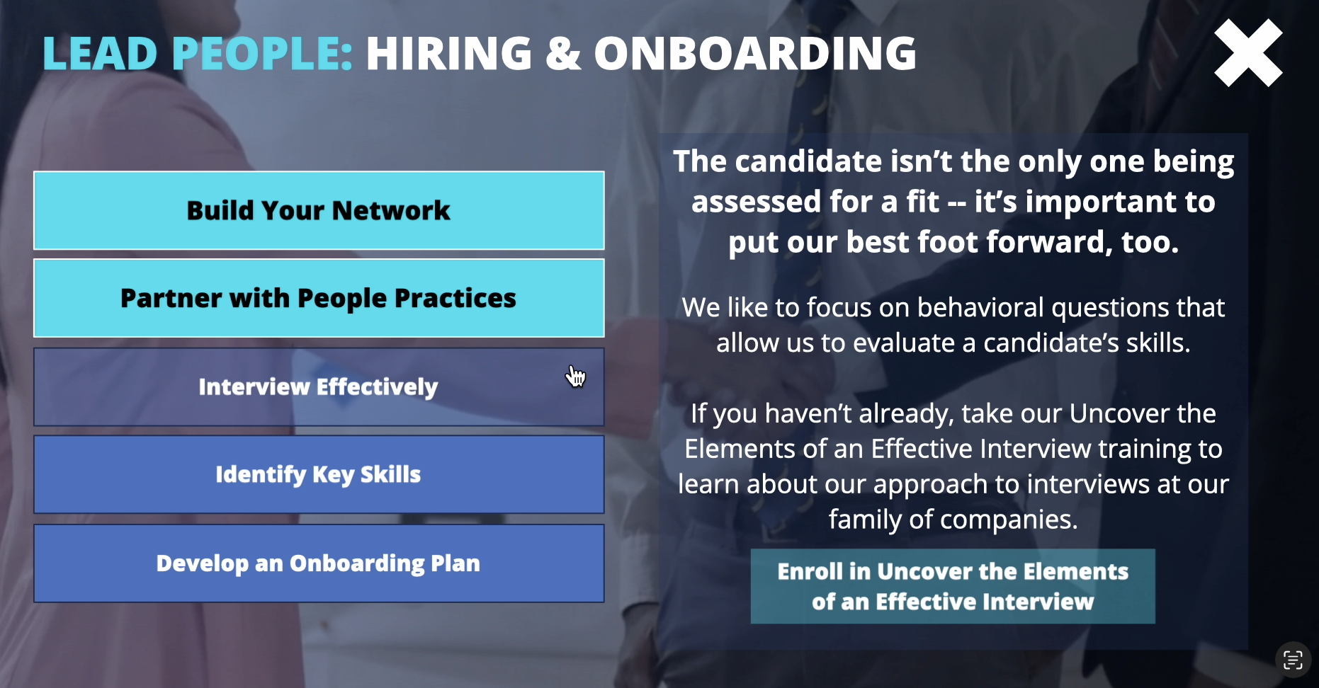 A section of the employee journey, with resources and previously visited buttons
