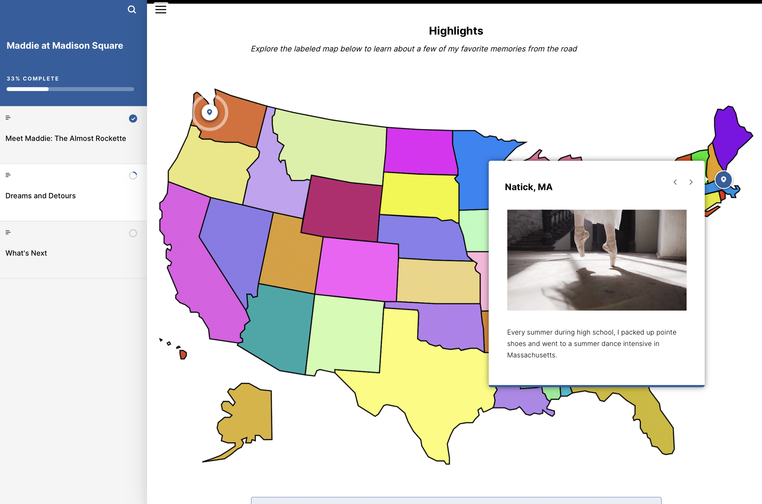 Interactive map engagement to demonstrate audio and video capabilities within Rise blocks