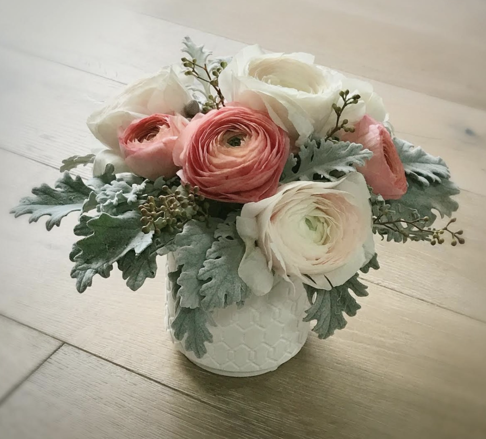 Buttercup Ranunculus, Seeded Eucalyptus, and Dusty Miller