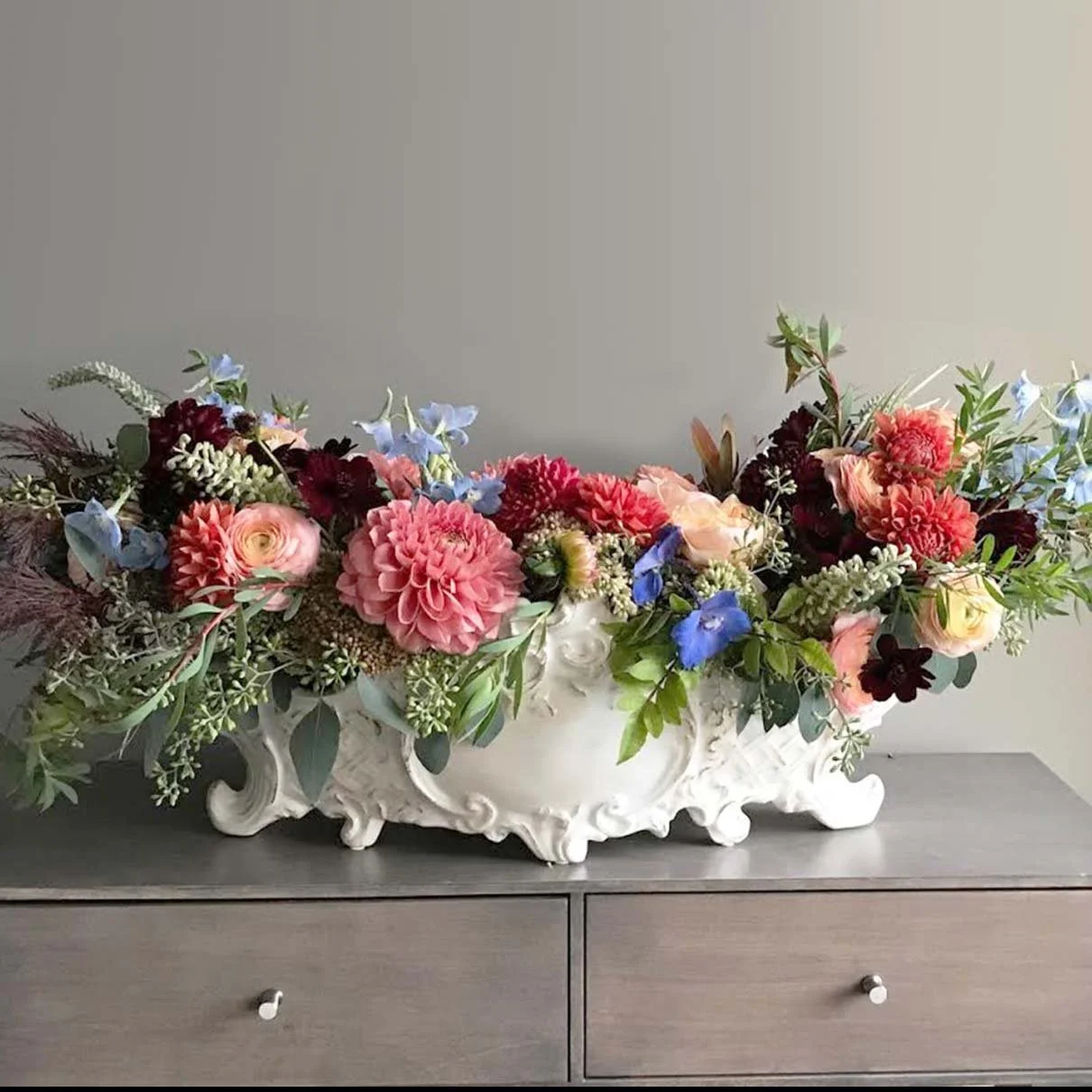 Japanese Maple, Sweet Pea, Dahlia, Seeded Eucalyptus, Grevillea, Chocolate Cosmos, Lysimachia, Sedum, Strawflower, and Leucadendron