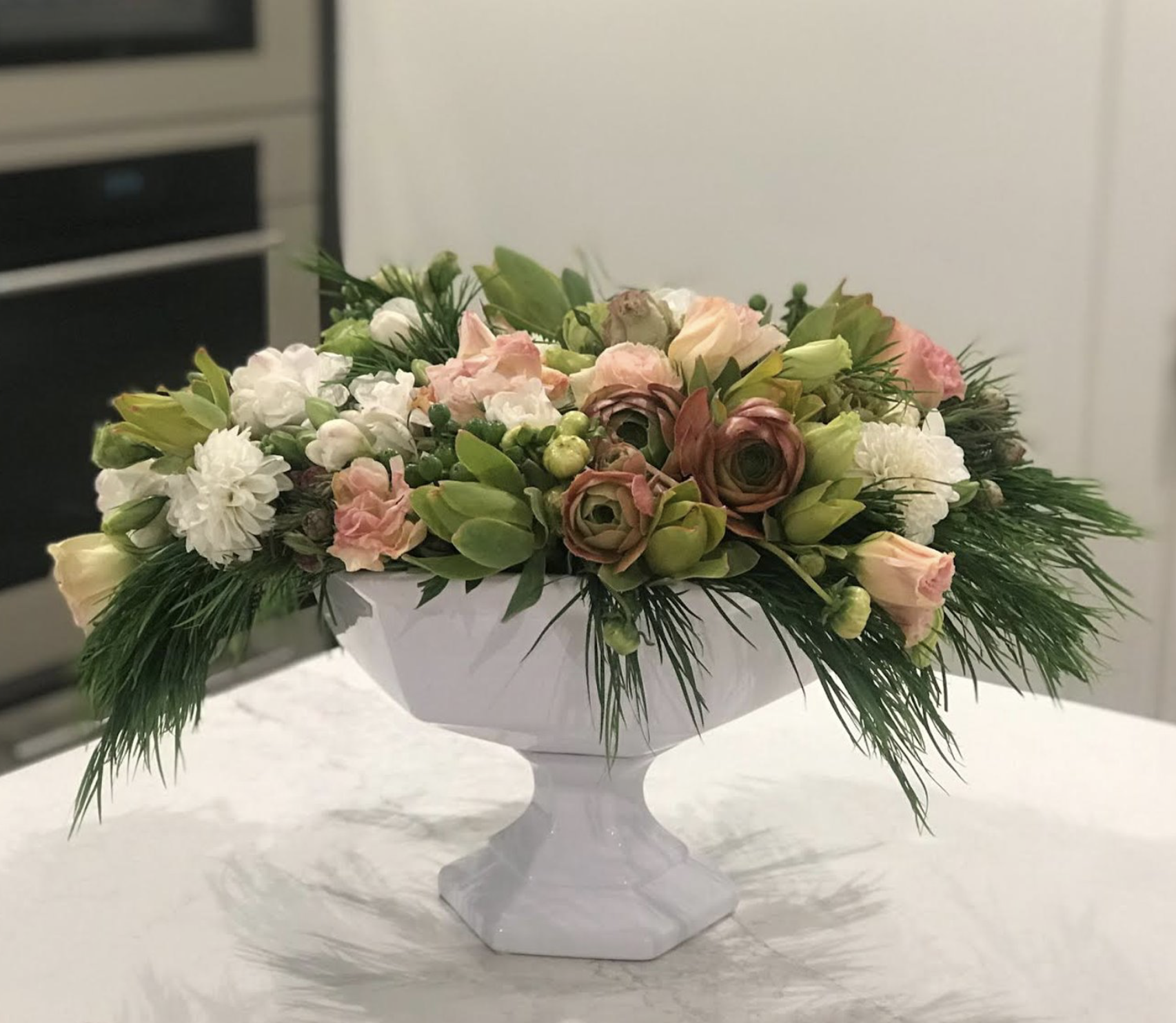 Lisianthus, Freesia, Dahlia, Succulent, Leucadendron, Hypericum Berries, and Acacia Cousin Itt Branch