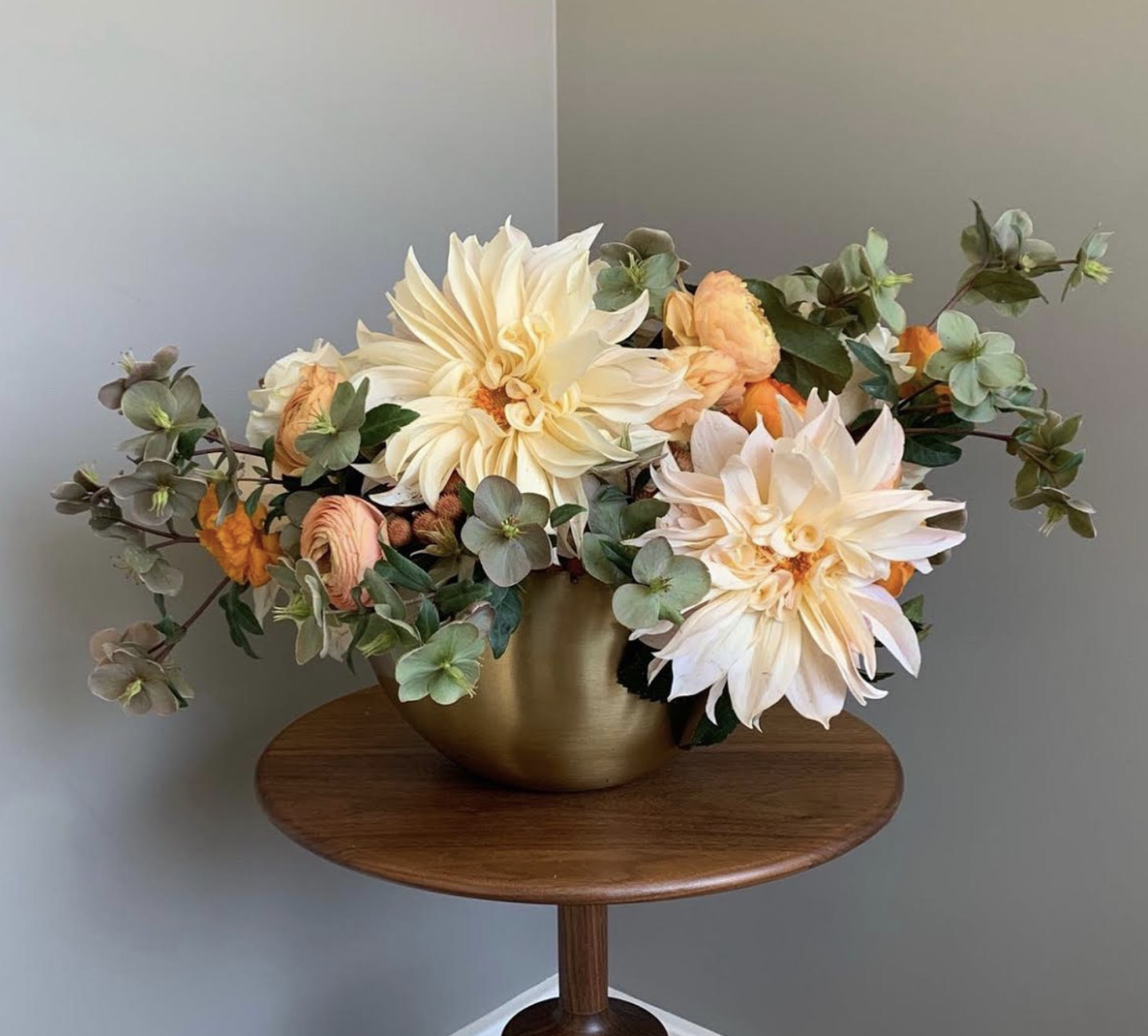 Brunia, Hellebores, Dinnerplate Dahlia, and Cloony Ranunculus