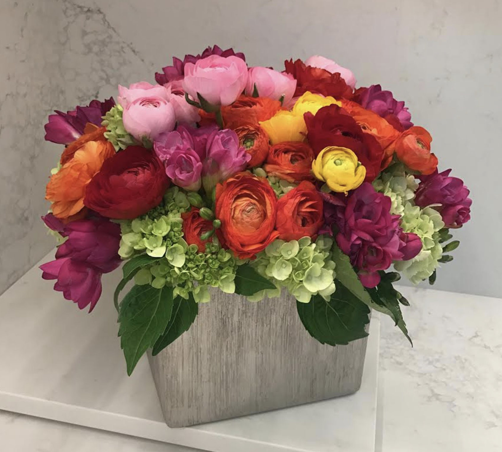 Hydrangea, Cloony Ranunculus, and Freesia