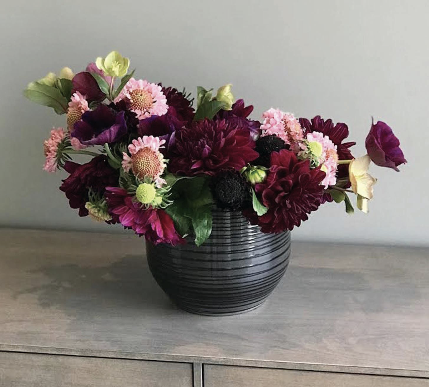 Dahlia, Scabiosa, Hellebores, and Anemone