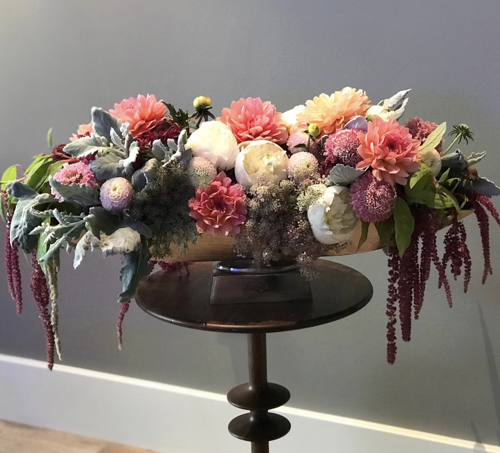 Garden Rose, Dusty Miller, Queen Anne’s Lace, Dahlia, Scabiosa, Lisianthus, Amaranthus, and Strawflower