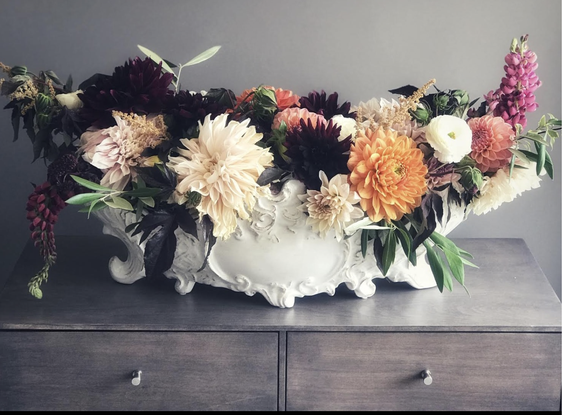 Aster Solidago, Fox Tail, Dahlia, Dinnerplate Dahlia, Olea Branch, and Cloony Ranunculus