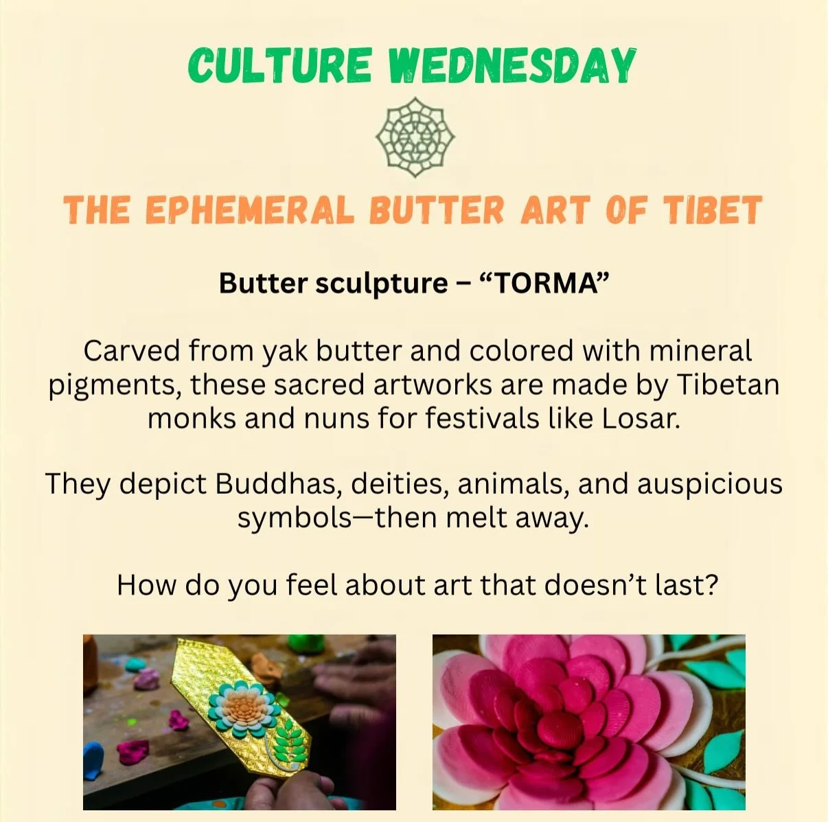 Have you ever heard of art made of Butter? 🧈 :)
#culturewednesday #tibetanart #tibet #tibetanservicecenter #nyc