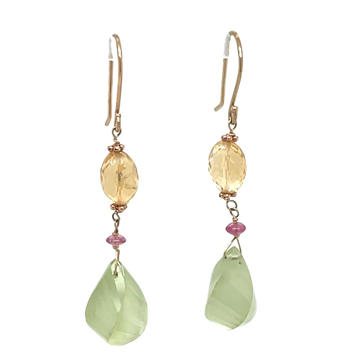 Prehnite, Citrine & Tourmaline Drop Earrings in 14K Yellow Gold