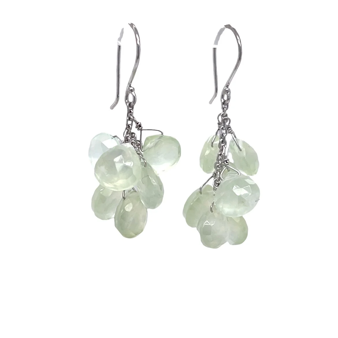 Prehnite Cluster Drop Earrings in 14K White Gold