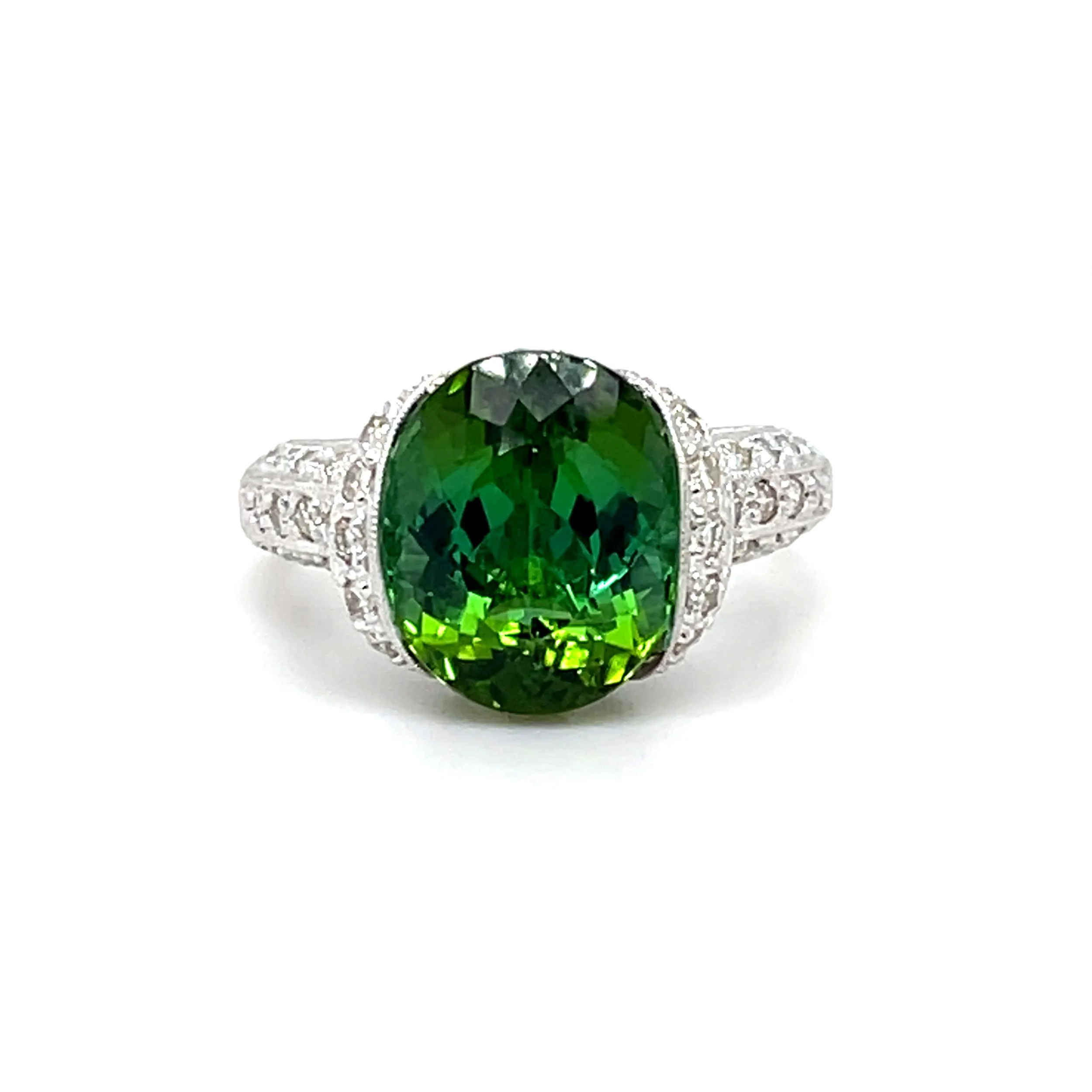 7.25 ct Green Tourmaline & 0.75 cts Diamond Ring in 14K White Gold