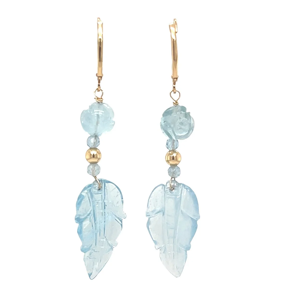 Vintage Carved Aquamarine Drop Earrings in 14K Yellow Gold