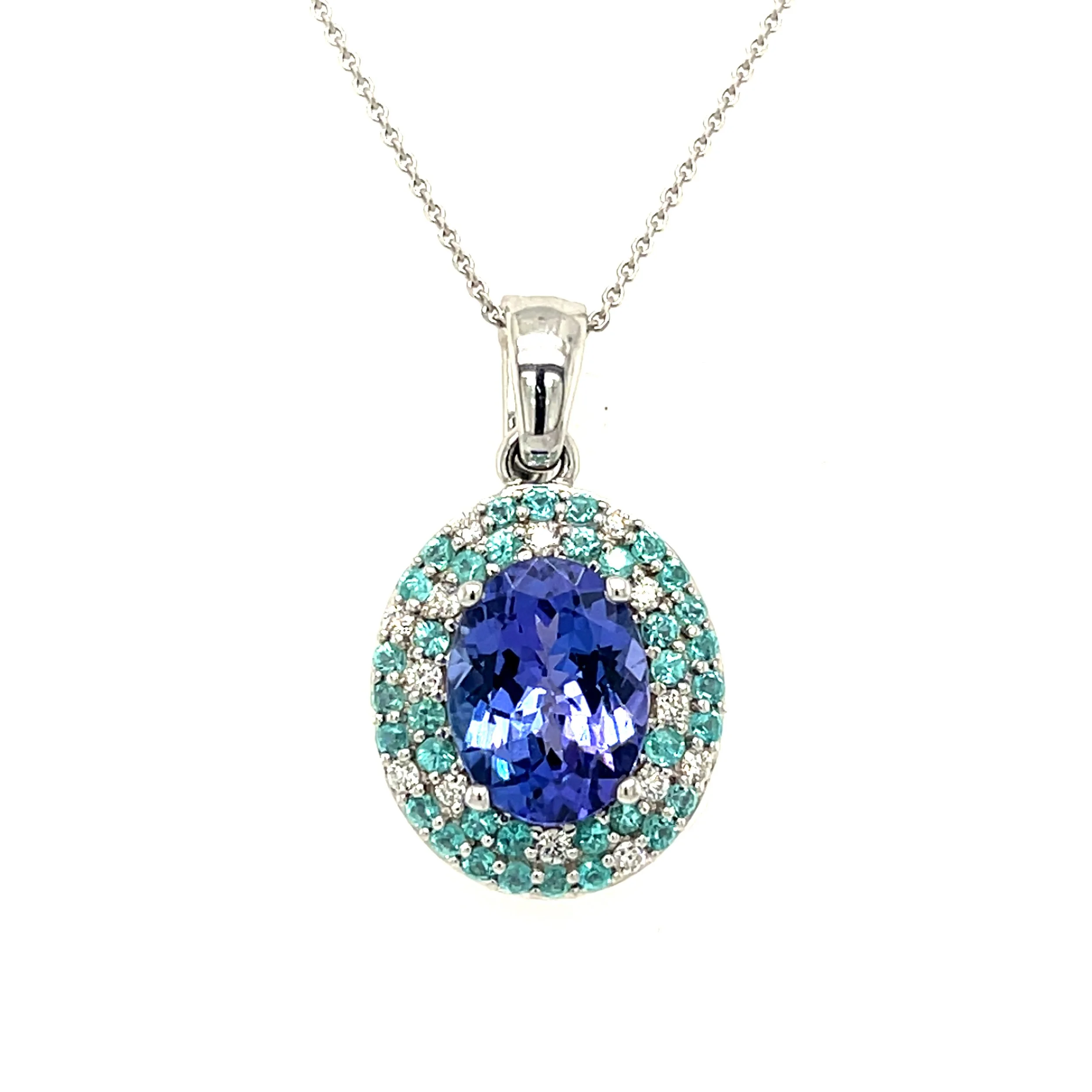 1.70 ct Oval Tanzanite Pendant with 0.35 ct Paraíba Tourmaline & 0.10 ct Diamond Halo in 14K White Gold