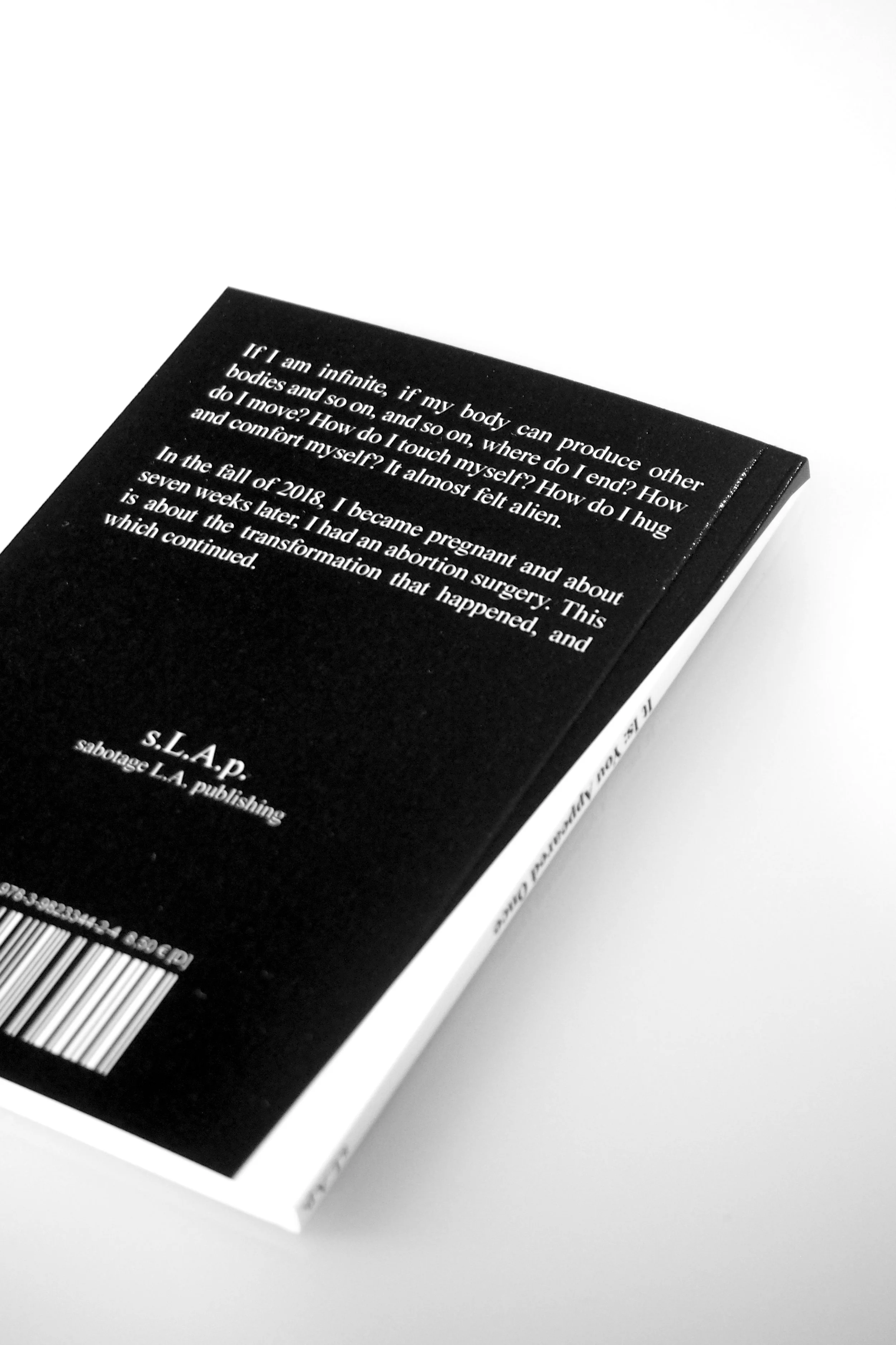 A black and white photo of the book "It is: You Appeared Once" with white text on a black background (text matching the book description). A white stripe wraps around the spine and along the edge