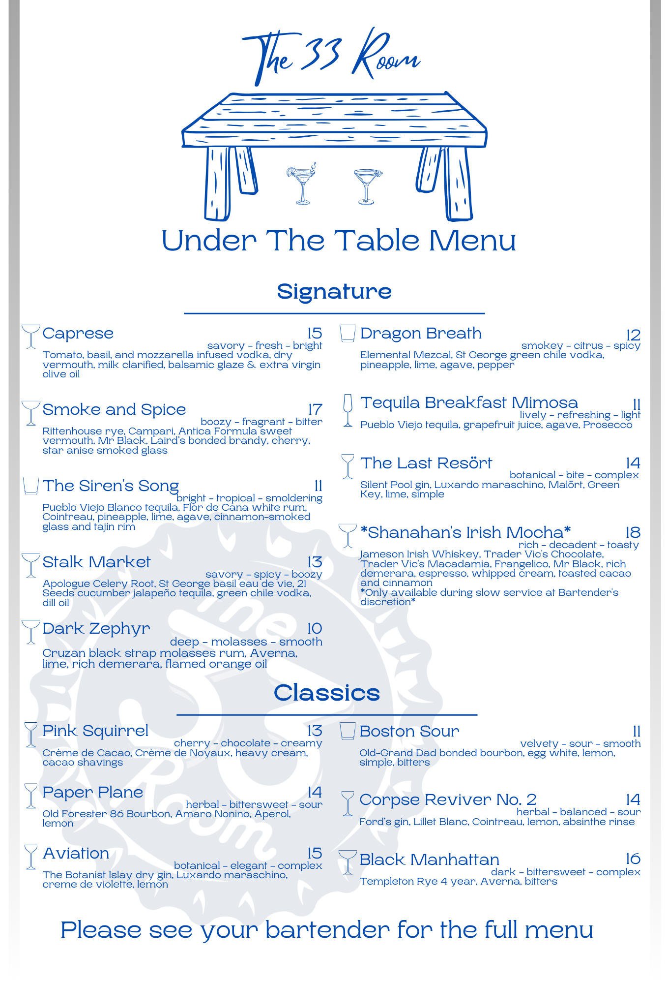 2026 Under the table menu