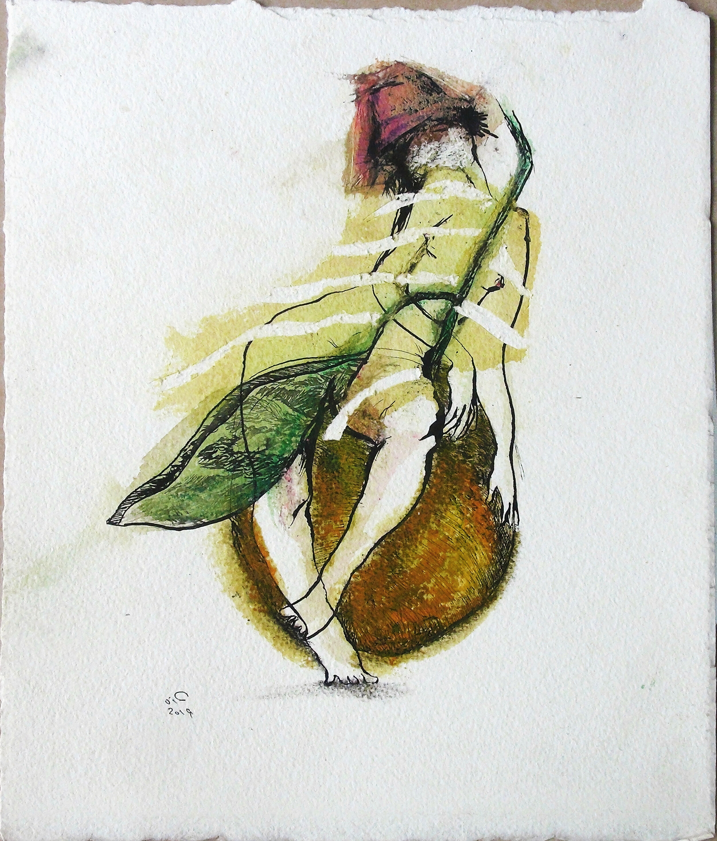 33 x 28 cm
Metal-brush and watercolor on paper 2019