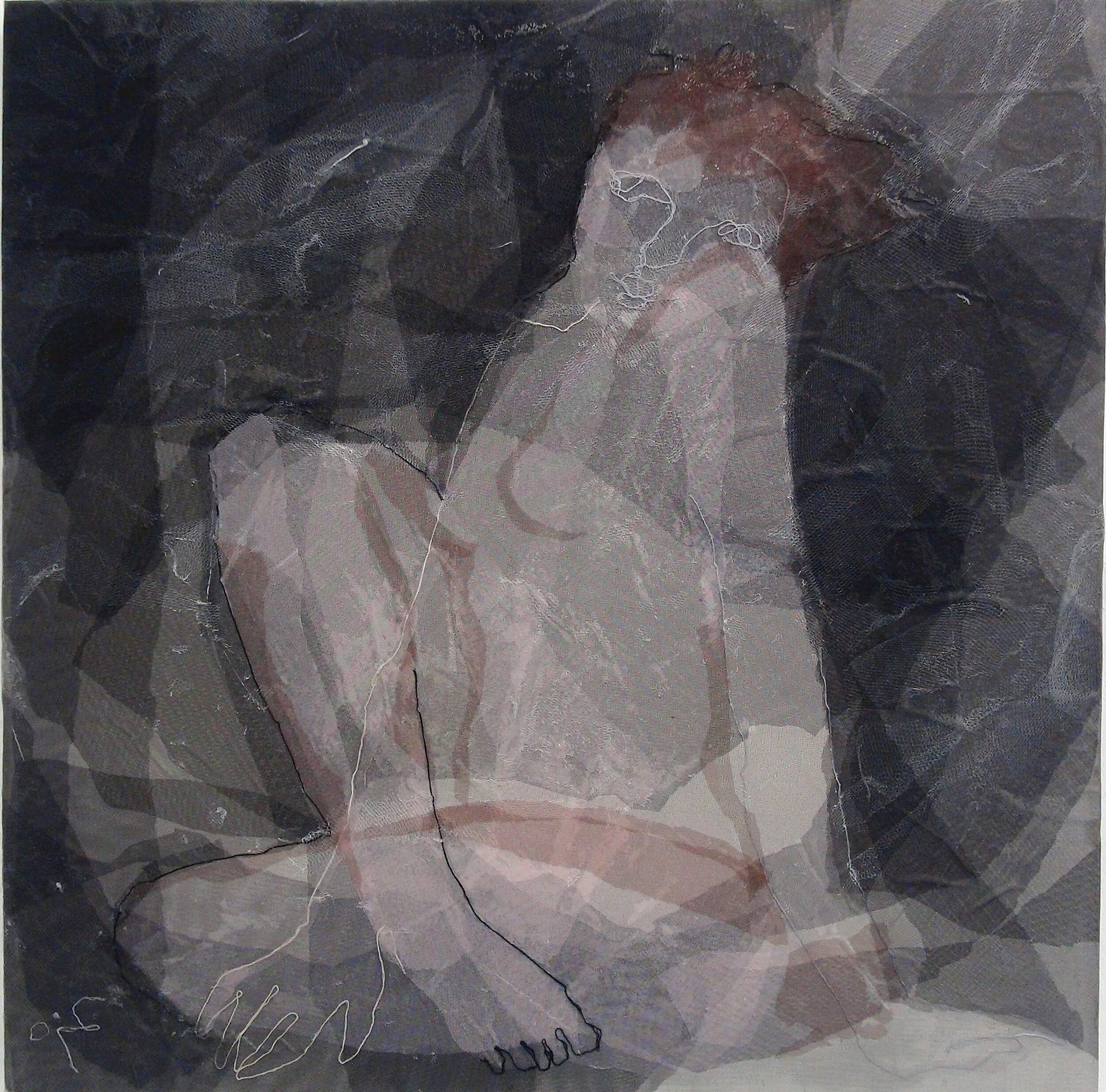 Thread drawing and Tulle on canvas / 2019
90 x 90 cm