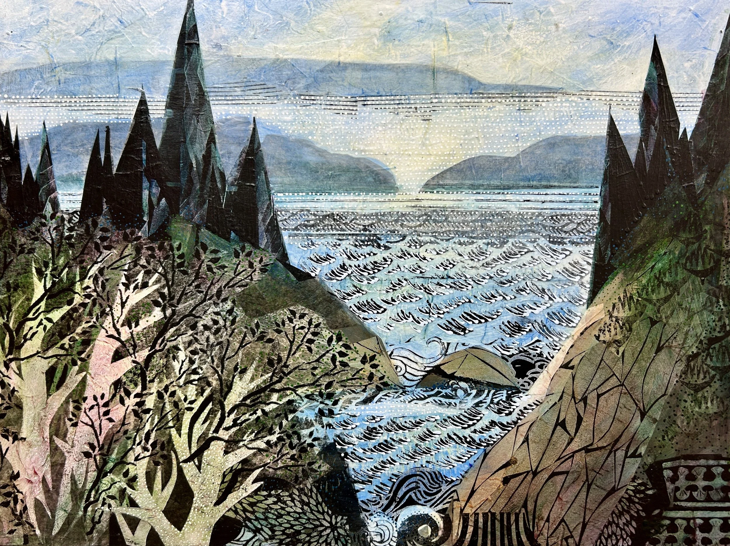'Turbulent Sea , 18"x24", is a scene of layers building into the distance, from patterned foreground  through turbulent seas, to distant light. It is about the feeling of windy weather, perhaps rain, giving way to clear refreshment. This painting is 