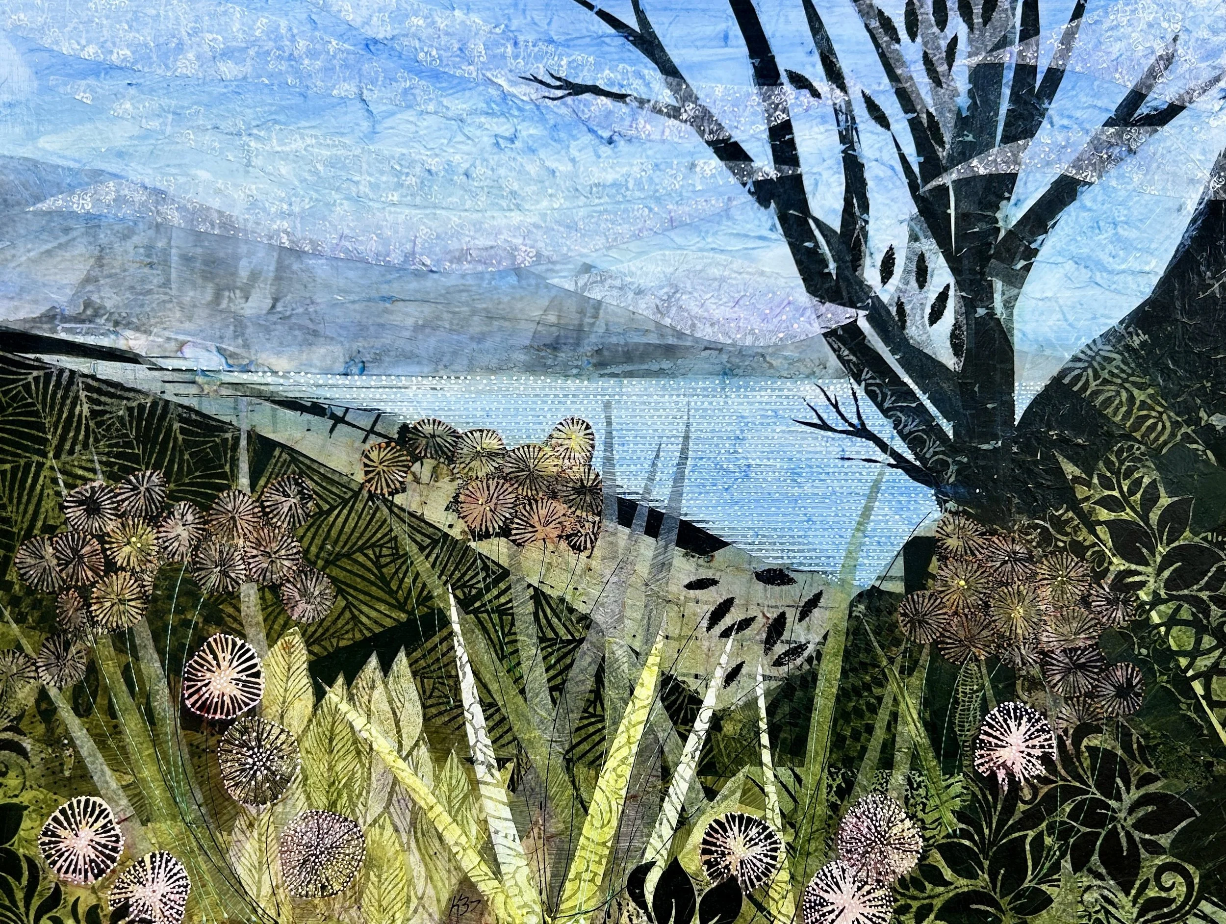 'Wildflowers on Isle au Haut' , 18"x24", features foreground grasses, wildflowers, and insects buzzing under a fog-misted tree with the sea beyond. Isle au Haut (pronounced I'll-aw-hoe) is a rugged island off the shore of Stonington, Maine. This pain